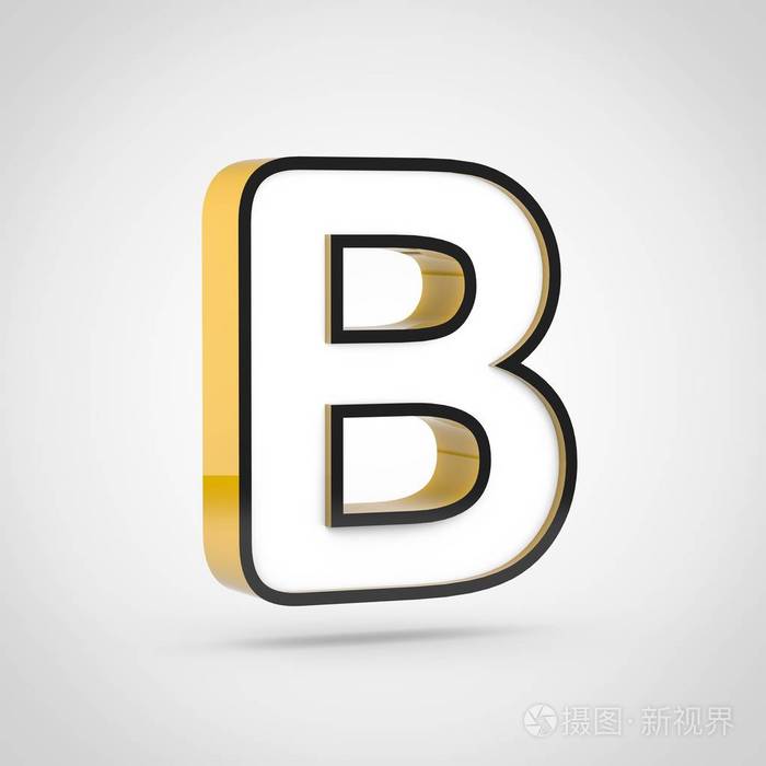 金色字母 b 大写, 带有白色的脸和黑色的轮廓.3d 渲染