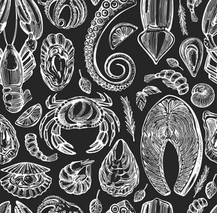 黑色背景下的海洋食品 贻贝蟹龙虾虾鲑鱼牡蛎章鱼鱿鱼 的无缝模式