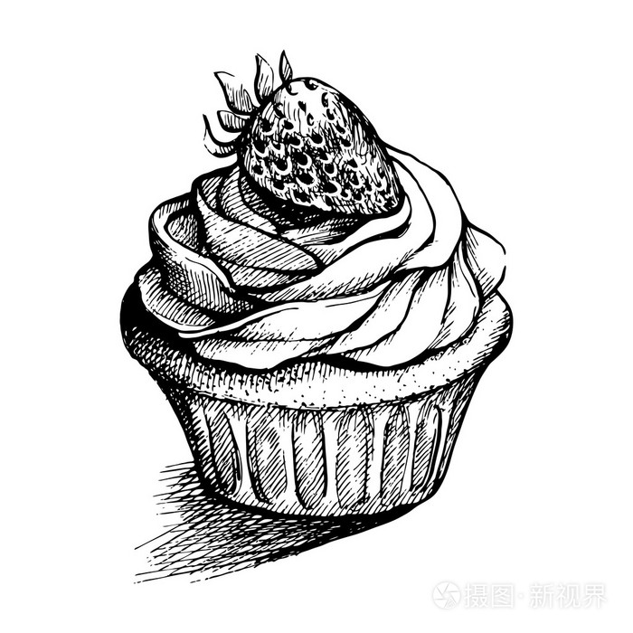 矢量黑白素描插图可爱 cremy 甜蛋糕机智草莓.可以用于贺卡或聚会请柬