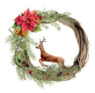 水彩花卉装饰与鹿的圣诞花环。新的一年