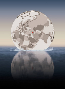 亚美尼亚以红色在地球上漂浮在水中。3d 插图
