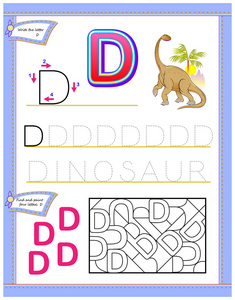 用于学习英文字母 D 的孩子的工作表。逻辑益智游戏。培养孩子的写作和阅读技巧。矢量卡通图像