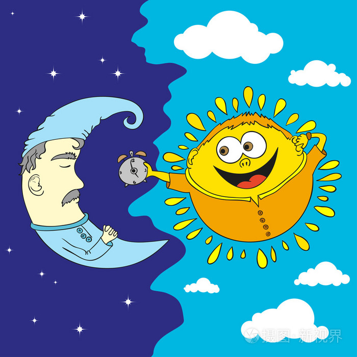 卡通风格太阳和月亮-手绘制的有趣风格矢量插画-正版0