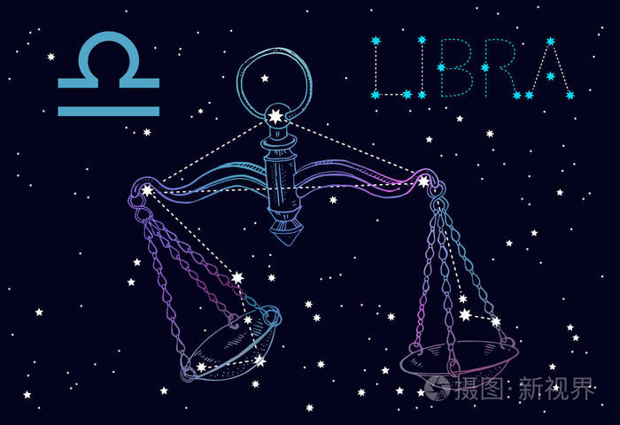 天秤座星座星座.在一个宇宙深蓝色的背景上与星星鳞片