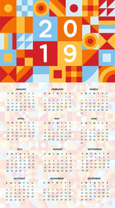多彩的2019年几何简单的日历模板, 背景平面风格矢量插图最小清洁风格