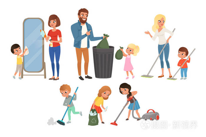 孩子们帮助父母做家务.扫地, 吸尘, 洗地板, 扔垃圾