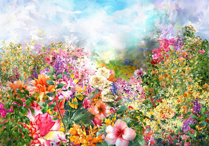 抽象的花朵水彩画。多彩多姿的鸟语花香的春天