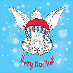 圣诞节海报与图像兔画像在冬天的帽子。矢量图