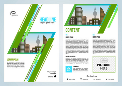 矢量传单, 企业业务, 年报, 宣传册设计和封面展示与绿色彩色矩形