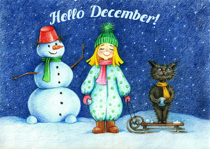 手被画的女孩，猫和雪的在飞行的铅笔和文本你好 12 月雪花的图片