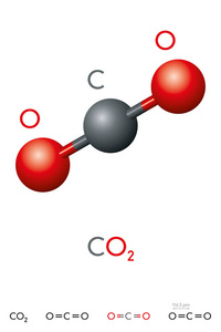 二氧化碳, Co2, 分子模型和化学公式。碳酸气体。无色气体。球杆模型几何结构和结构公式。在白色背景上的插图。向量