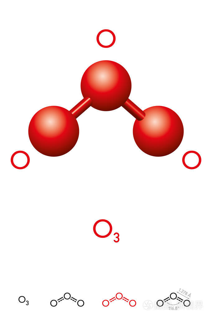 臭氧, o3, trioxygen, 分子模型和化学公式.
