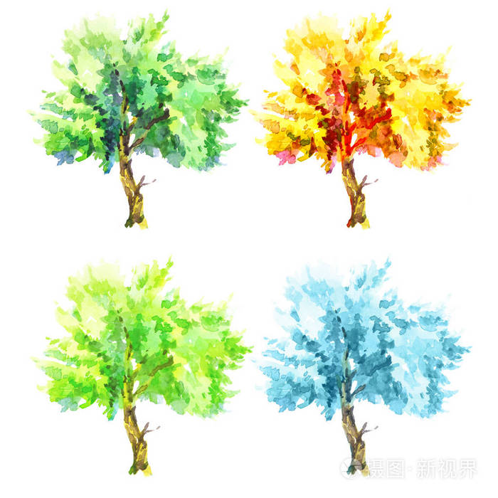 夏天, 秋天, 冬天和春天树设置水彩插图查出的白色背景