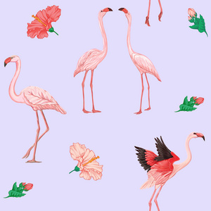 无缝的模式, 背景。粉红色的火烈鸟和羽毛在柔软的紫外线背景。股票向量例证