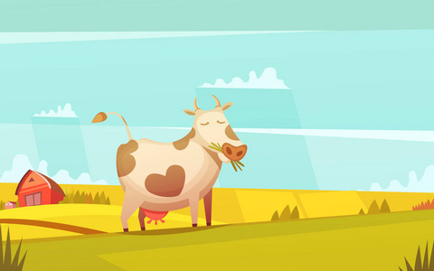 牛放牧对农田卡通海报图片