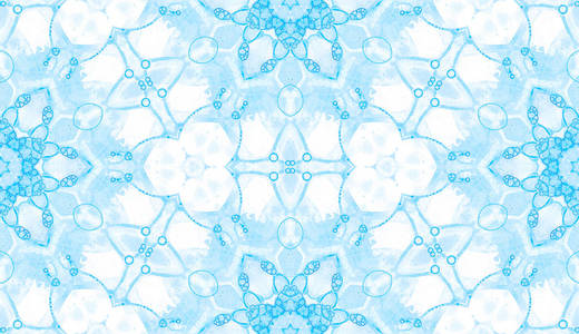 蓝色无缝图案。惊人的微妙肥皂泡。花边手工画的纺织品装饰品。Kaleidos
