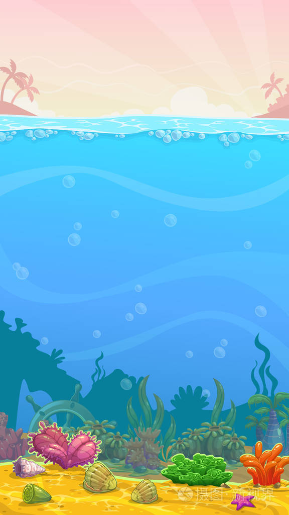 水下卡通垂直插图, 空海底, 矢量插图