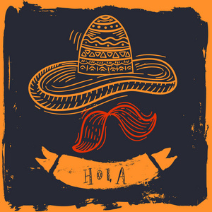 墨西哥素描海报框架与草帽和胡子的横幅, 菜单, 孤立的垃圾 chackboard 背景与您好西班牙语你好