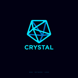 水晶标识。五指向的蓝色水晶和信件在黑暗的背景上