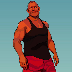 动画片镇静结实的肌肉人穿着运动衣站立在日落光