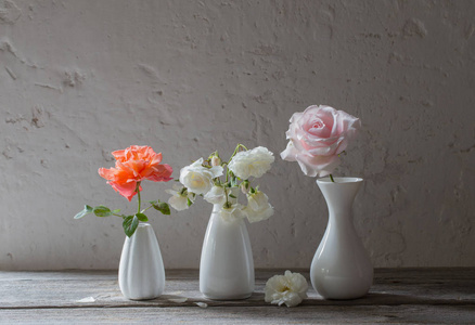 美丽的玫瑰在白色花瓶在老背景
