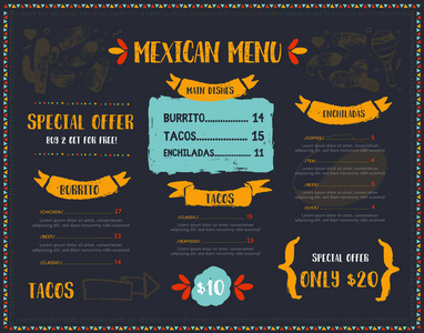 墨西哥美食餐厅菜单, 模板设计的辣椒, 草帽, 玉米饼, 墨西哥玉米饼的草图图标。黑板食品传单促进, 网站横幅