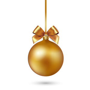 金色圣诞球与丝带和弓在白色背景。矢量插图