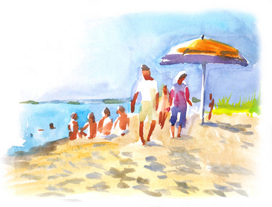 海边夏日海滩与人简单的风景水彩素描