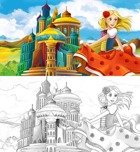 卡通场面与美丽的公主在雄伟的城堡附近与 artisric 着色页例证为孩子