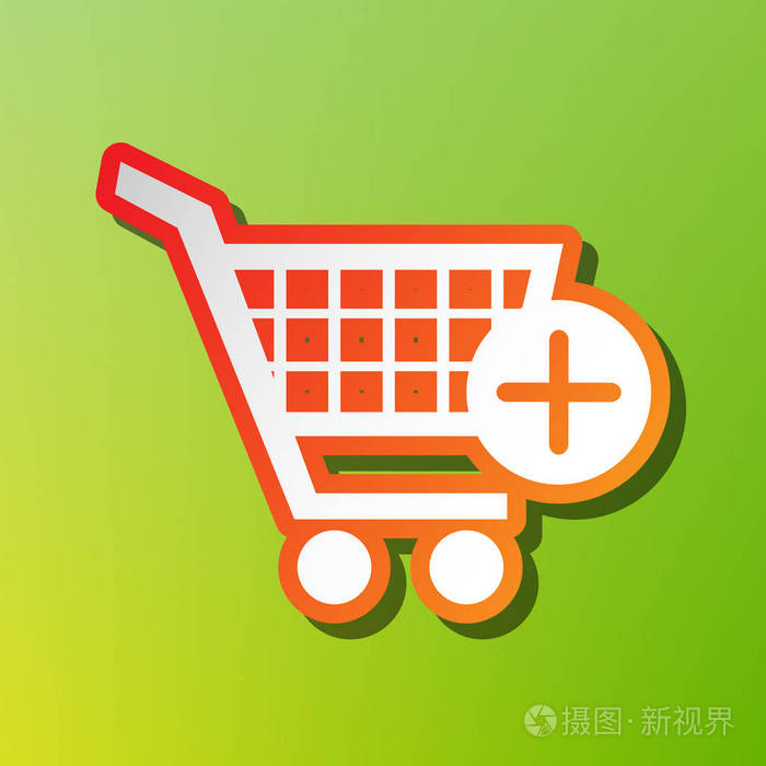 购物车添加标记.在绿色背景上的红色脑卒对比度图标