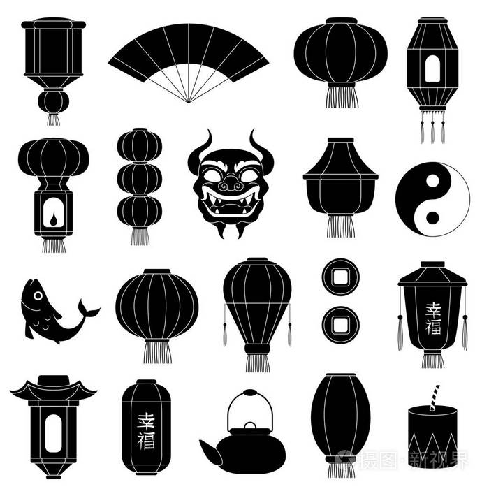 中国符号剪影.亚洲纸灯笼面具龙鱼传统中国节日黑色矢量插图