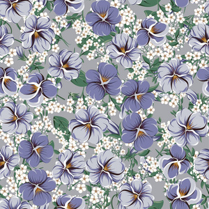 紫色叶紫红色花和白色小白花的矢量无缝图案在灰色背景下