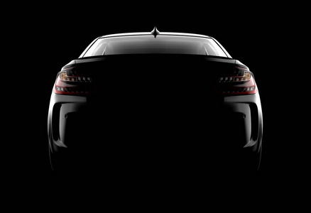 在黑暗的背景上, 可以看到一辆通用的没有品牌的现代黑色汽车。3d 插图