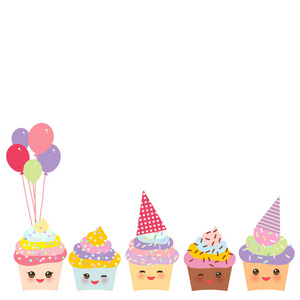 快乐的生日卡设计与纸杯蛋糕川井有趣的枪口粉红色的脸颊和眨眼的眼睛, 柔和的颜色在白色的背景。向量例证