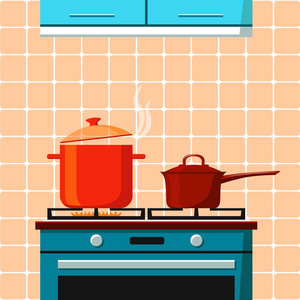炉子上有一个燃烧的戒指和煮沸的锅, 桶上有盖子在厨房里的其他戒指上。现代风格平卡通风格矢量插图。炊具, 家居室内设计