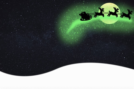 圣诞贺卡圣诞老人飞在空中在他的雪橇离开神奇闪耀星尘在夜间与天空充满星星
