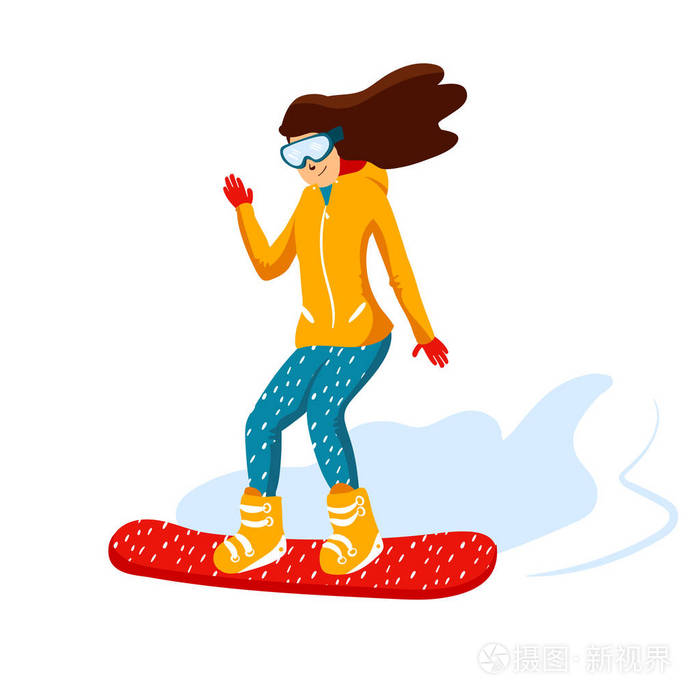 卡通滑雪板骑手, 女性.冬季山地体育活动, 滑雪胜地度假.