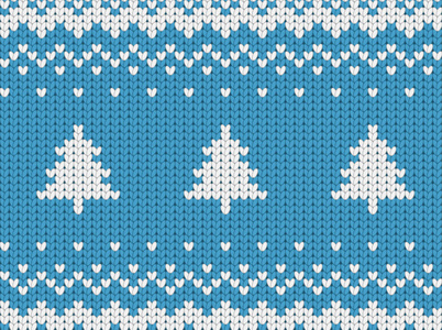 针织无缝蓝色圣诞图案与圣诞树图片