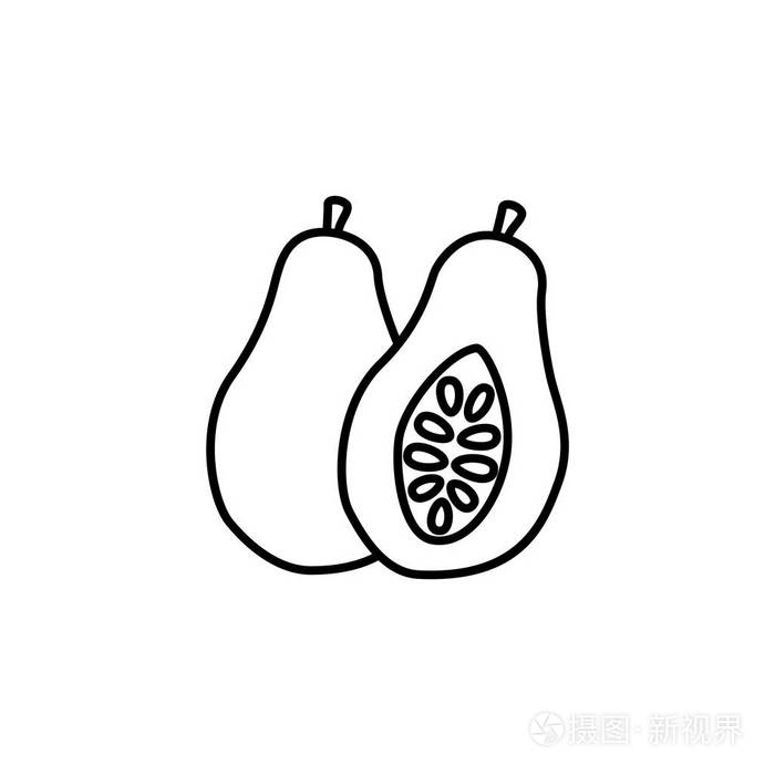 黑色和白色矢量插图的整个 & 削减木瓜与种子.