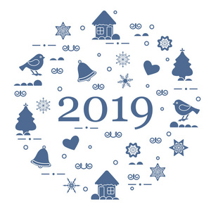 新年快乐2019卡。圣诞树, 小鸟, 房子, 姜饼, 铃铛, 星星, 心, 雪花