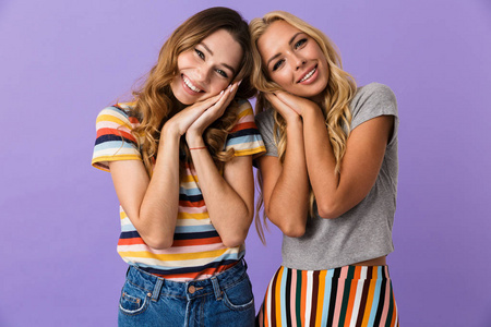 两个漂亮的年轻女孩的朋友站在紫色背景隔绝, 双臂折叠
