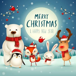 圣诞快乐, 新年快乐圣诞节可爱的动物字符。快乐的圣诞同伴。北极熊, 狐狸, 企鹅, 兔子和红红鸟在月光下。冬季景观