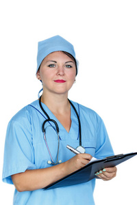 妇女医生与片剂在手在白色背景。垂直照片