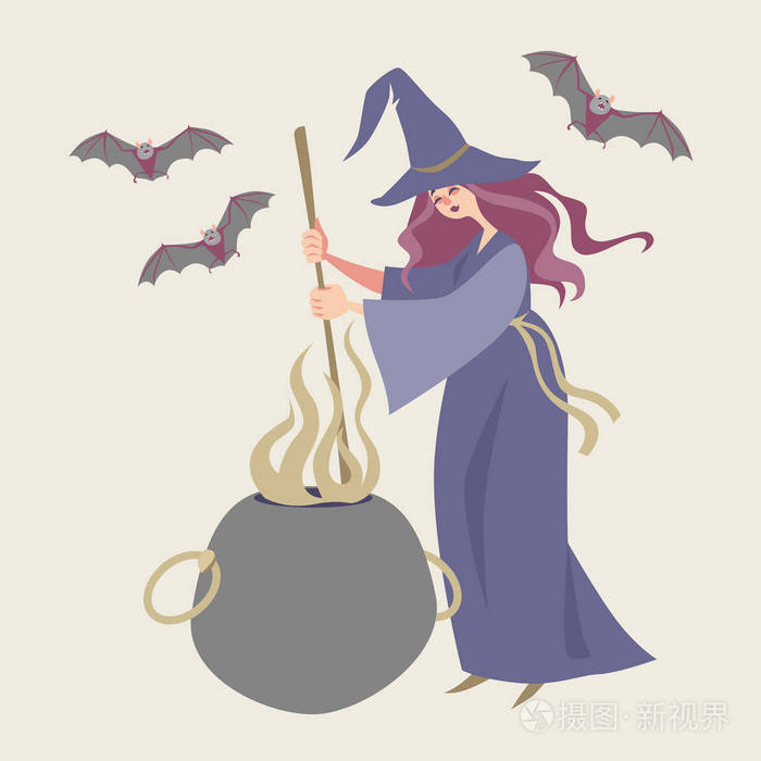 卡通风格的童话人物.女巫酿造药水