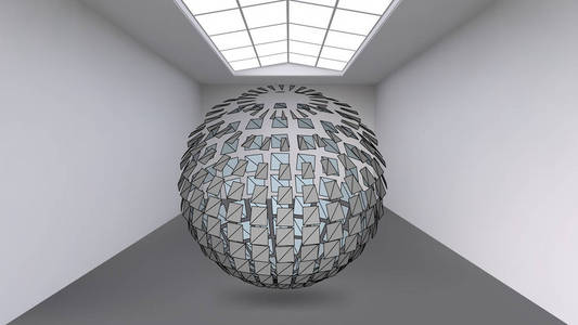 吊球由大量小多边形在空旷的大房间。展览空间是一个球面形状的抽象对象