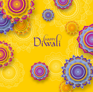 愉快的 diwali 印度教海报与传统装饰品