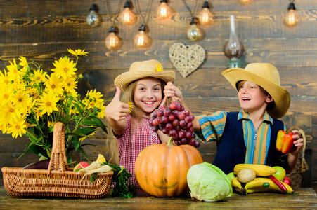 小学秋季节的想法。秋收节。孩子们玩蔬菜南瓜。孩子们的女孩男孩戴牛仔农民风格的帽子庆祝丰收节。庆祝秋天的传统