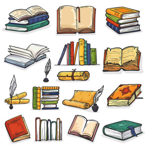 图书馆或书店书架上的教科书和笔记本的书籍矢量堆栈, 在白色背景下查出的一套墨壶和学校文学的书皮