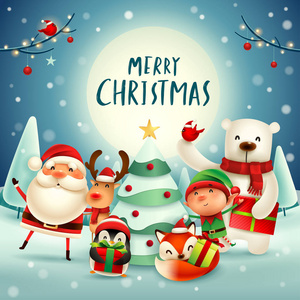 圣诞快乐在月光下快乐的圣诞伙伴。圣诞老人, 驯鹿, 精灵, 北极熊, 狐狸, 企鹅和红母鸟在圣诞节雪场面
