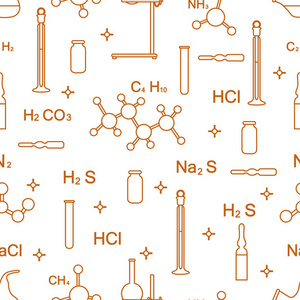 科学的向量无缝模式与烧瓶, 试管, 烧杯, 工具和公式。教育要素。化学, 生物学, 医学